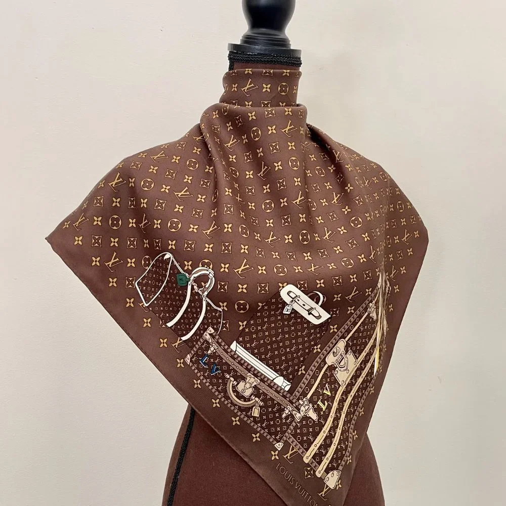 Louis Vuitton Scarf  Travel Trunks Monogram Brown Silk Wrap
